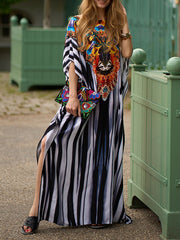 Printed Split-side Striped Batwing Sleeves Loose V-neck Maxi Dresses Beach Cover-Up