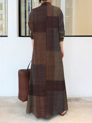 Plaid Pockets Long Sleeves Loose Lapel Shirt Dress Maxi Dresses