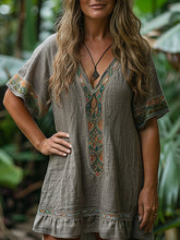 Vintage Floral Patchwork Short Sleeves H-Line Mini Dresses