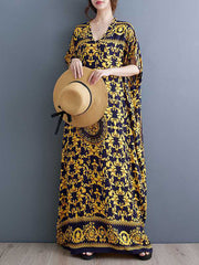 Printed A-Line Batwing Sleeves V-Neck Maxi Dresses