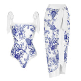 Tie-shoulder Printed One Piece Swimsuit and Sarong