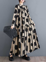 Buttoned Pleated Polka-Dot Split-Joint A-Line Long Sleeves Stand Collar Shirt Dress Maxi Dresses