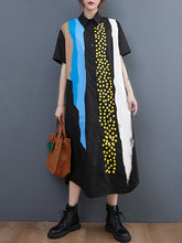 Artistic Retro Short Sleeves Loose Contrast Color Polka-Dot Lapel Collar Midi Shirt Dress