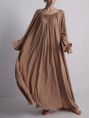 Pleated Solid Color Split-Joint A-Line Flared Sleeves Round-Neck Maxi Dresses