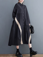 Artistic Retro Loose Long Sleeves Buttoned Contrast Color Striped Split-Joint Lapel Collar Midi Dresses