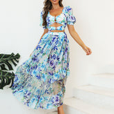 Puff Sleeve Cutout Stones Decor Printed Bikini Swimsuit and Skirt Flaxmaker