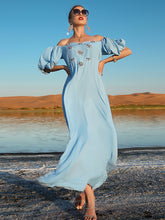 Vacation Loose Puff Sleeves Solid Color One-Shoulder Dress