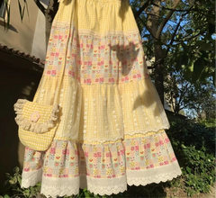 Yellow Floral Print Patchwork Lace Maxi Skirt - Sweet A-Line