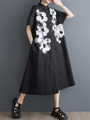 Asymmetric Buttoned Flower Print A-Line Loose Lapel Shirt Dress Midi Dresses