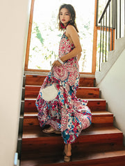 Vacation A-Line Sleeveless Floral Printed Lace-Up U-Neck Maxi Dress