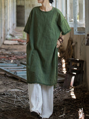 Fringed Solid Color Split-Side Half Sleeves Round-Neck Midi Dresses