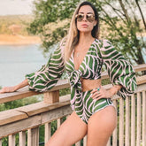 Net Yarn Long Sleeve Stitching Printed Bikini Swimsuit