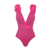 Rose Red 3D Flower Texture Fabric One Piece Swimsuit (Shipped on Jan 14th)