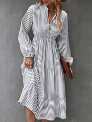 Pleated Split-Joint Striped Loose Puff Sleeves V-Neck Shirt Dress Midi Dresses