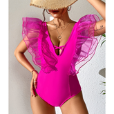 Mesh Ruffle Pink One Piece Swimsuit Flaxmaker