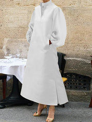 A-Line Long Sleeves Buttoned Pleated Pockets Solid Color Split-Side Stand Collar Midi Dresses