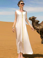 Vacation Loose Long Sleeves Embroidered Solid Color Round-Neck Dress