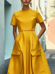 Pockets Solid Color Short Sleeves Stand Collar Maxi Dresses
