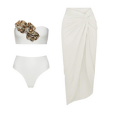 Golden 3D Flower Black or White Bikini Swimsuit and Skirt(Shipped on Jan 11th)