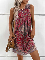 Geometric Pleated Printed Split-Joint Loose Plus Size U-Neck Mini Dresses