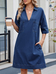 Pockets Solid Color A-line Loose Lapel Mini Dresses