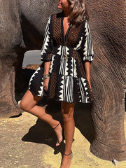 Printed Split-Joint Long Sleeves Loose V-Neck Mini Dresses