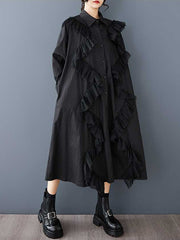 Buttoned Split-Joint A-Line Long Sleeves Lapel Shirt Dress Midi Dresses