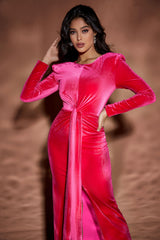 V Neck Velour Draped Slit Dress