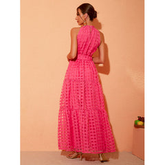 Off Shoulder Plaid Printed Halter Maxi Dress Flaxmaker