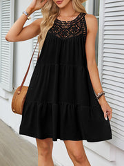 Hollow Pleated Solid Color Split-Joint A-Line Loose Round-Neck Mini Dresses