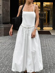 Pleated Solid Color Split-Joint Loose Sleeveless Spaghetti-Neck Midi Dresses