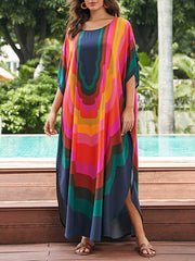 Contrast Color Printed Sun Protection Batwing Sleeves Loose Round-Neck Maxi Dresses