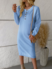 Buttoned Long Sleeves Loose Round-Neck Sweater Dresses Midi Dresses