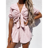 Casual Solid Color Bowknot Two Piece Set