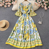 Lemon Print Trumpet Sleeve Maxi Dress Flaxmaker