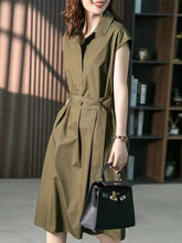 Bandage Solid Color Plus Size Short Sleeves Lapel Midi Dresses