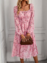 Vacation Loose Long Sleeves Floral Printed U-Neck Midi Dress