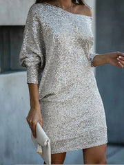 Asymmetric Sequined Solid Color A-line Loose One-shoulder Short Dresses Mini Dresses