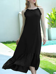 Ruffle Trim Solid Color Split-Joint Tied A-line High Waisted Spaghetti-Neck Midi Dresses