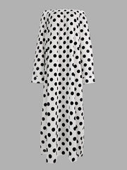 Elasticity Polka-Dot Split-Joint A-line Long Sleeves Off-the-shoulder Maxi Dresses