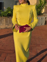 Buttoned Solid Color Flared Sleeves High Waisted Mock Neck Midi Dresses