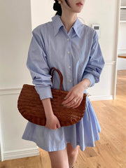 Buttoned Pleated Striped A-Line Long Sleeves Lapel Shirt Dress Mini Dresses
