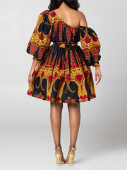 Elasticity Printed Tied Waist High Waisted Loose One-Shoulder Mini Dresses