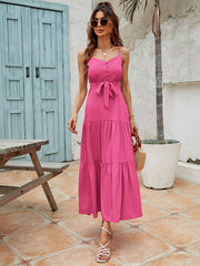 Bohemia High Waisted Solid Color U-Neck Dress