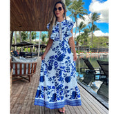 Ruffle Lace Printed Blue Maxi Dress