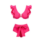Flaxmaker Ruffle Bowknot Belt Red Bikini Swimsuit