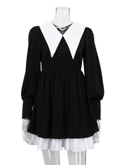 Contrast Color Pleated Tiered Long Sleeves Loose Peter Pan Collar Mini Dresses