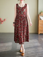 Drawstring Floral Printed Loose Oversize Round-neck Midi Dresses