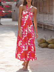 Hollow Printed Split-Joint A-line Loose Halter-Neck Midi Dresses