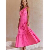 One Shoulder Solid Color Swing Dress